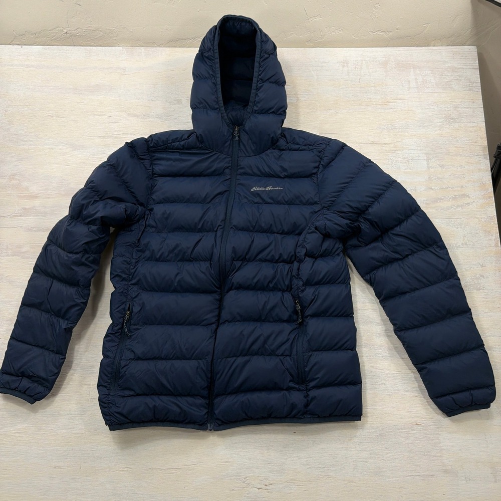 Eddie Bauer Puffer Jacket M 650 Fill Down Hooded Insulated Blue Mens